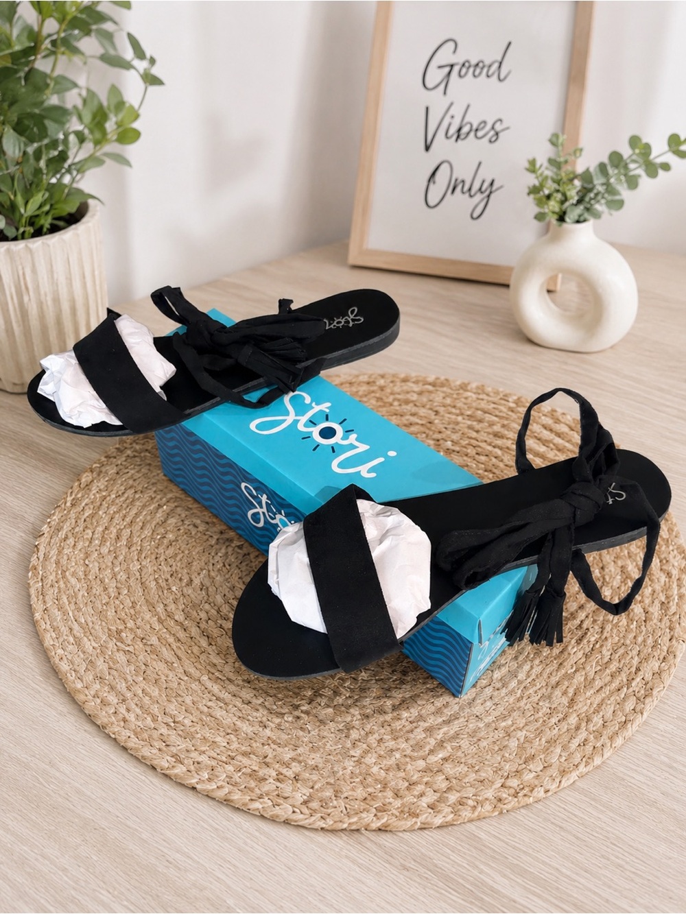 Storia Black Lace-Up Slide Sandals for Women